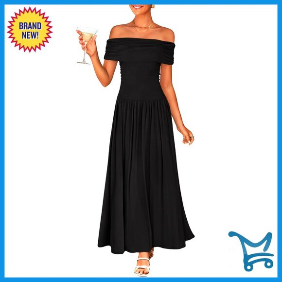 Dresses & Skirts - Off Shoulder Maxi Dress Sleeveless Slim Swing Pleated Formal Party Chic